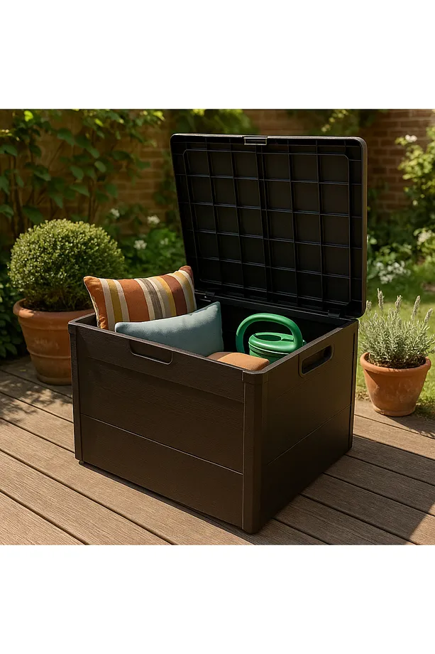 120 Litre Bahçe Depolama Sandığı Balkon Saklama Dolabı Kapaklı Plastik Sandık 50x45x50cm Kahve
