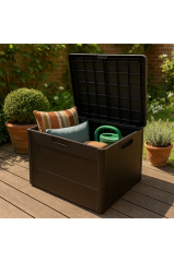 120 Litre Bahçe Depolama Sandığı Balkon Saklama Dolabı Kapaklı Plastik Sandık 50x45x50cm Kahve