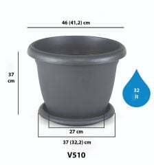 22 Litre 42x31cm Tabaklı Plastik Büyük Boy Yuvarlak Saksı Villa No9 Antrasit Gri